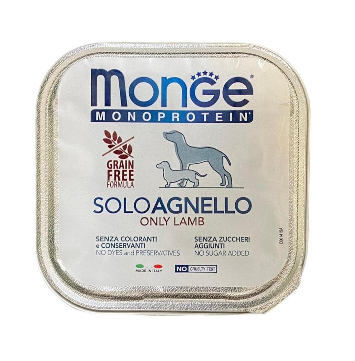 Monge Monoprotein Cibo umido per Cane solo Agnello, naturalmente senza coloranti, conservanti e zuccheri aggiunti. Confezione da 24 vaschette (1 = 150gr.)