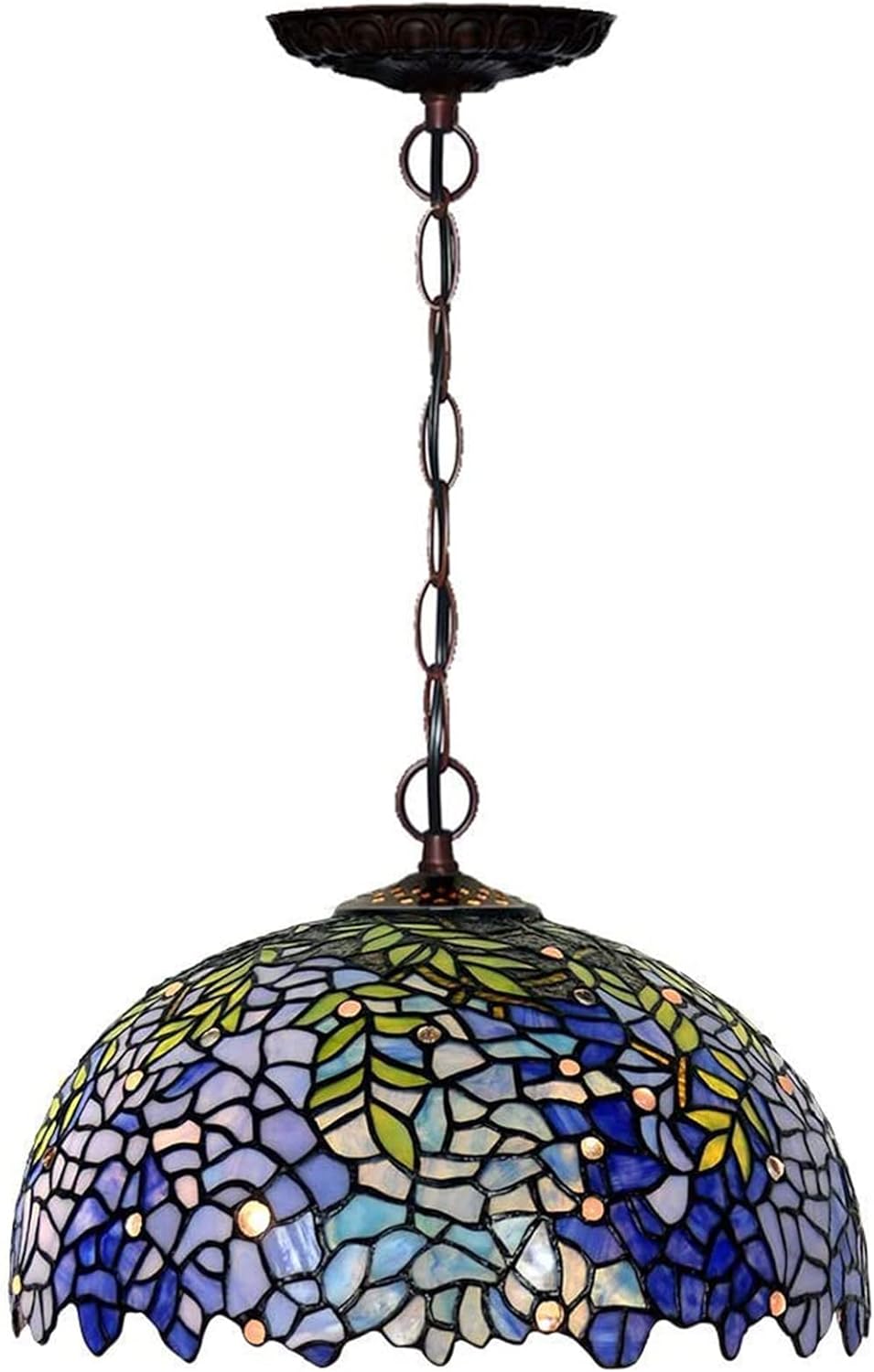 Tiffany Style Wisteria Flower Stained Glass Pendant Lamp, Rural Ceiling Hanging Pendant Light for Kitchen Island Sink Dining Room bar, Adjustable Chain,Blue Purple Green Chandelier,16inch