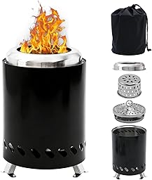 Rauchfreie Tischkamin Outdoor, Edelstahl Feuertonne Mini Feuerstelle für Balkon Terrasse Camping, Tragbare Feuerschale mit Tragetasche, Betrieben mit Pellets oder Holz, 20x14cm Schwarz