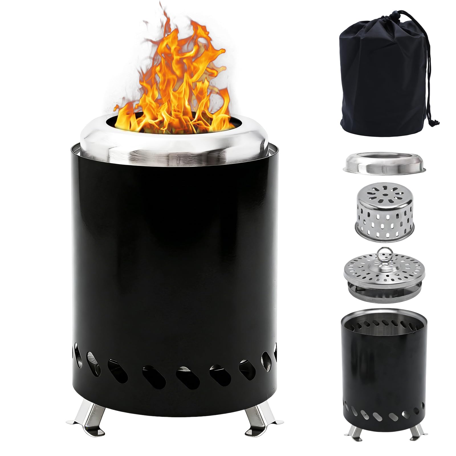Rauchfreie Tischkamin Outdoor, Edelstahl Feuertonne Mini Feuerstelle für Balkon Terrasse Camping, Tragbare Feuerschale mit Tragetasche, Betrieben mit Pellets oder Holz, 20x14cm Schwarz