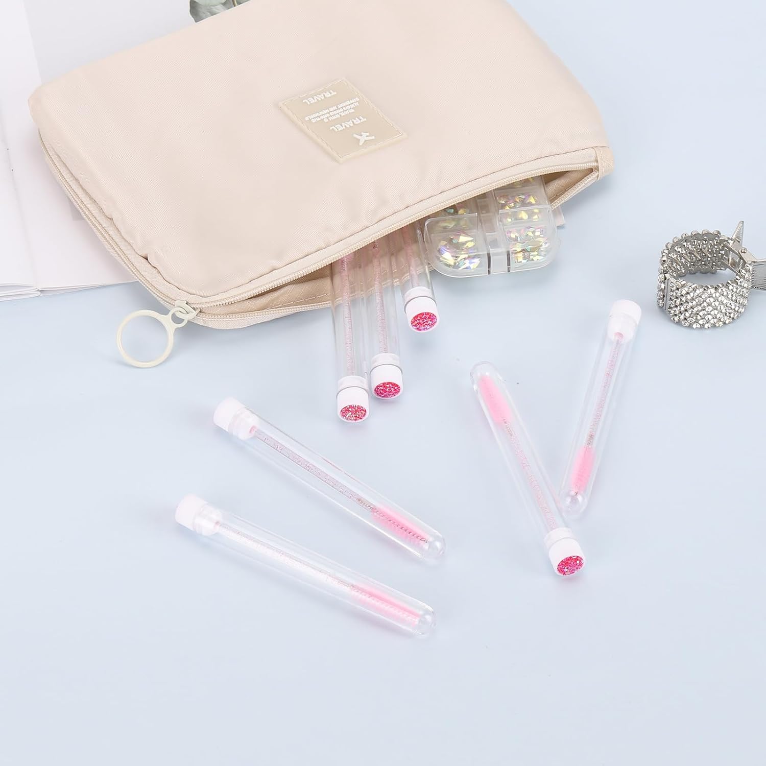 50 Pieces Disposable Mascara Wands, Diamond Eye Lash Brush with Tube Spoolies for Eyelash Extensions Makeup Tools - Pink