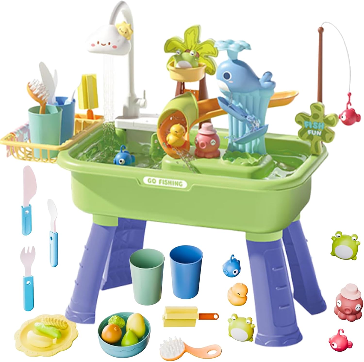 Sand And Water Table, Rain Showers, Splash Pond, Toddler Water Table, Kitchen Sink Toy, Kitchen Sink Set Set, 4 In 1 Game Sinks With Pump, Summer Beach