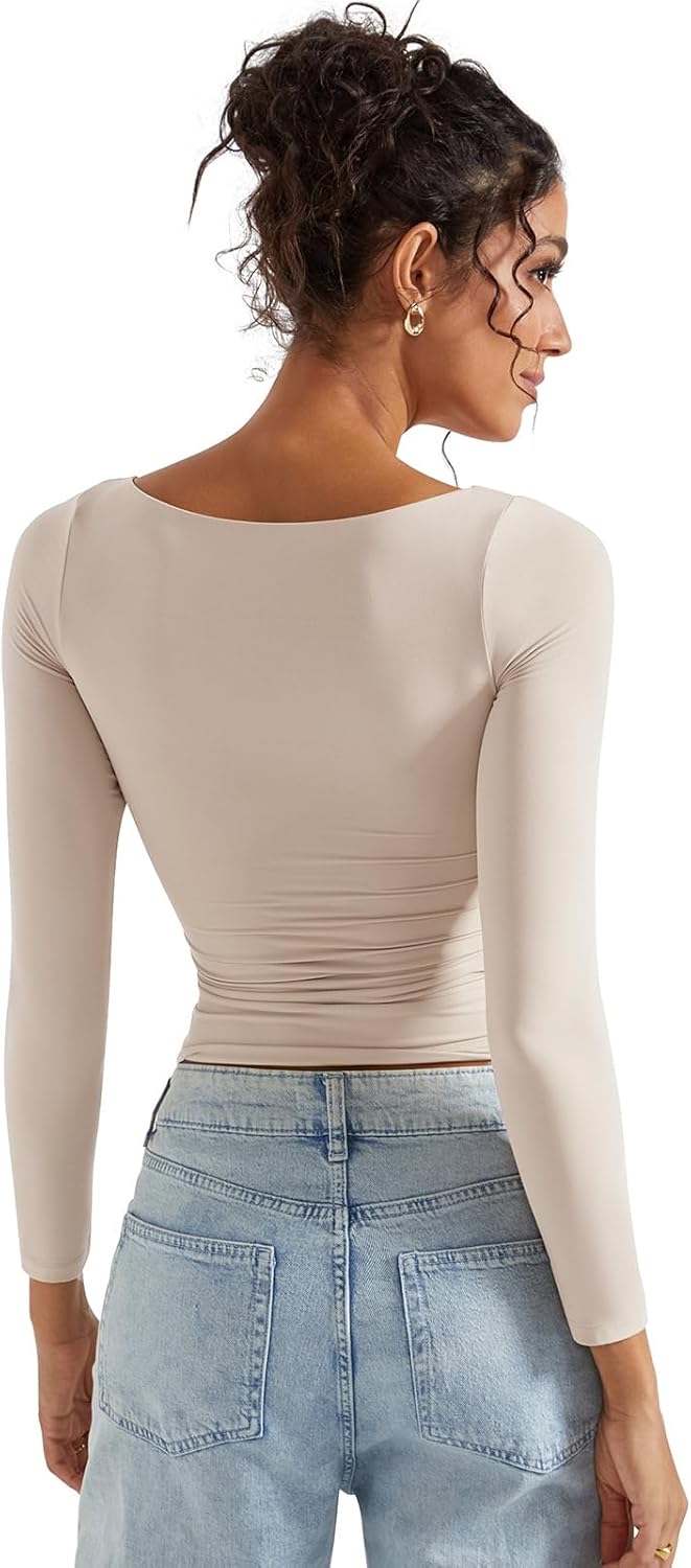 SUUKSESS Women Crew Neck Long Sleeve T Shirts Double Lined Tight Fitted Crop Top - Image 4