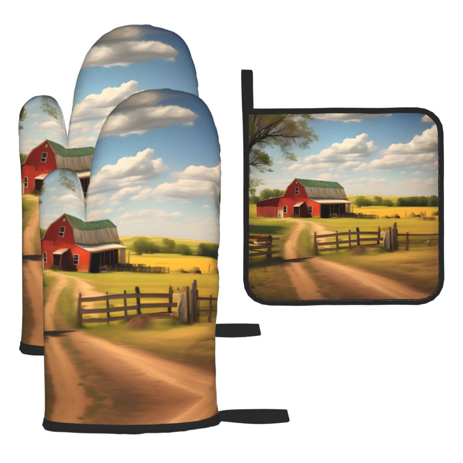Ranch View Oven mittens and oven mitts three-piece set suitable for oven, grilling, baking, microwave and home cooking.