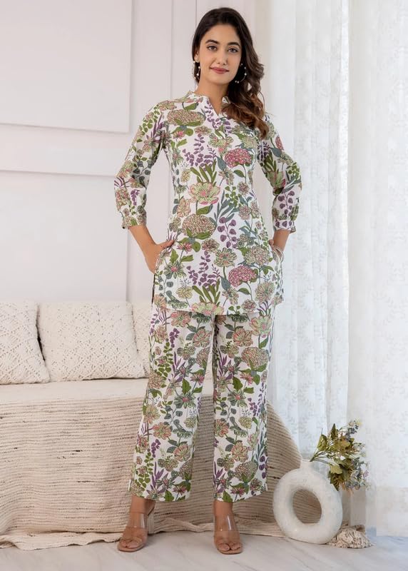 Smowkly Women's Printed Rayon Slub Mid Thighs Short Kurti With Relaxed Fit Pant Sylish Co-Ords Set || Trendy 3/4 Sleeve Kurta & Palazzo Cord Pair (Multicolor-Medium)
