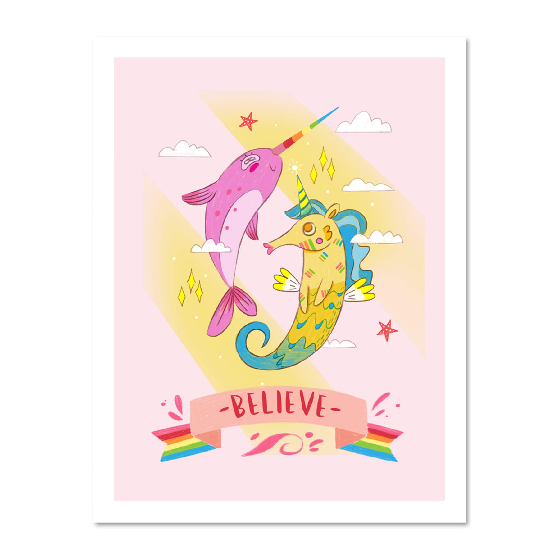 Wee Blue Coo Unicorn Seahorse Narwhal Believe Large Framed Art Print Wall Poster 18x24 inch