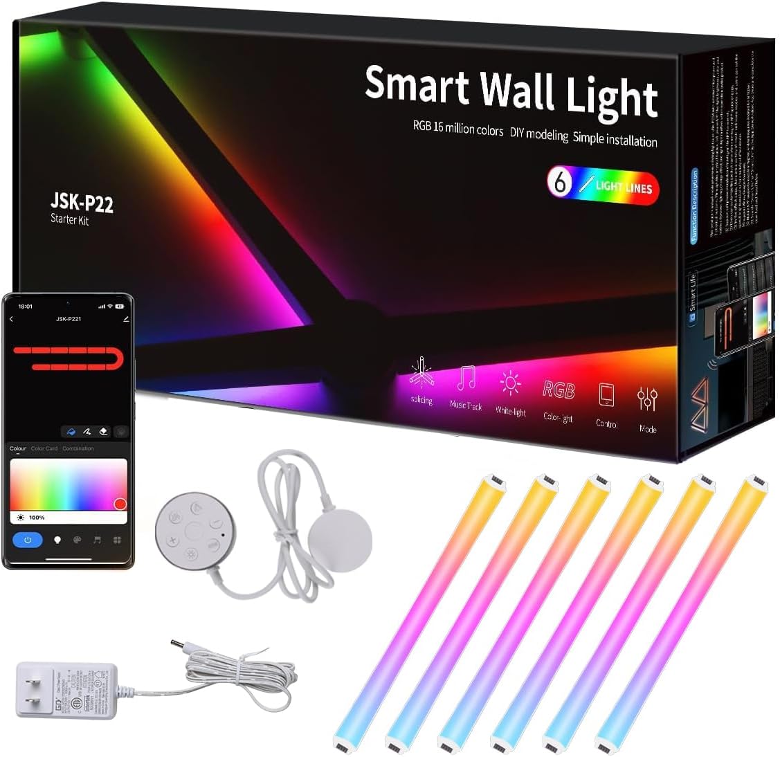 RGBIC Smart WiFi Glide Wall Light, Compatible with Alexa and Google Assistant, 16M+ Colors, Music Sync, Gaming Room/Bedroom Decor Lights(6 White Lines Light)