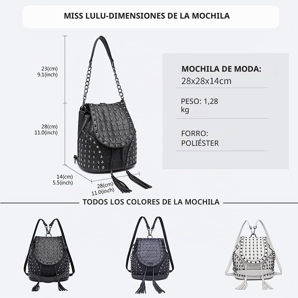 Miss Lulu Mochila Antirrobo para Mujeres, Bolsos Mochila para Mujer con Decoración de Clavos Calavera - Ideal para Festival, Noche en la Ciudad y Estilo Urbano