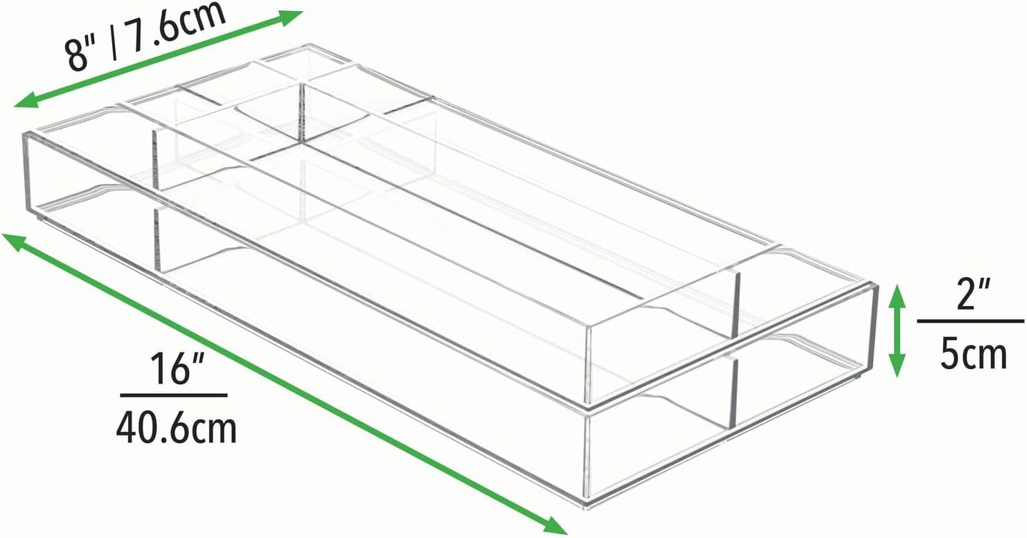 mDesign Plastic Divided Makeup Organizer Holder Tray for Bathroom Drawer, Vanity, Countertop Storage - Cosmetic Organization Holds Palettes, Brushes, Accessories - Lumiere Collection - Clear