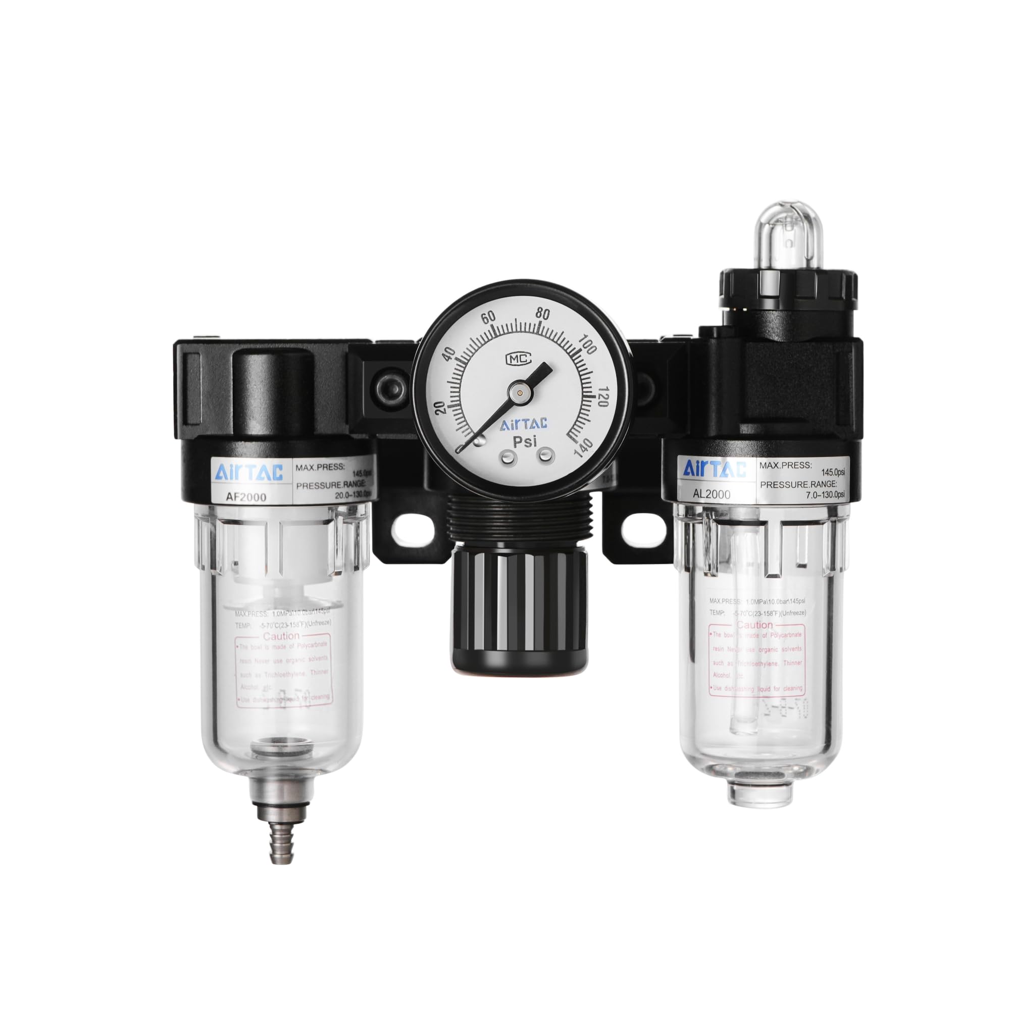 Compressed Air Combination Filter Regulator Lubricator(F.R.L) Airtac AC2000 1/4''NPT 0-145 PSI with Pressure Gauge Water/Oil Trap Separator Filtering