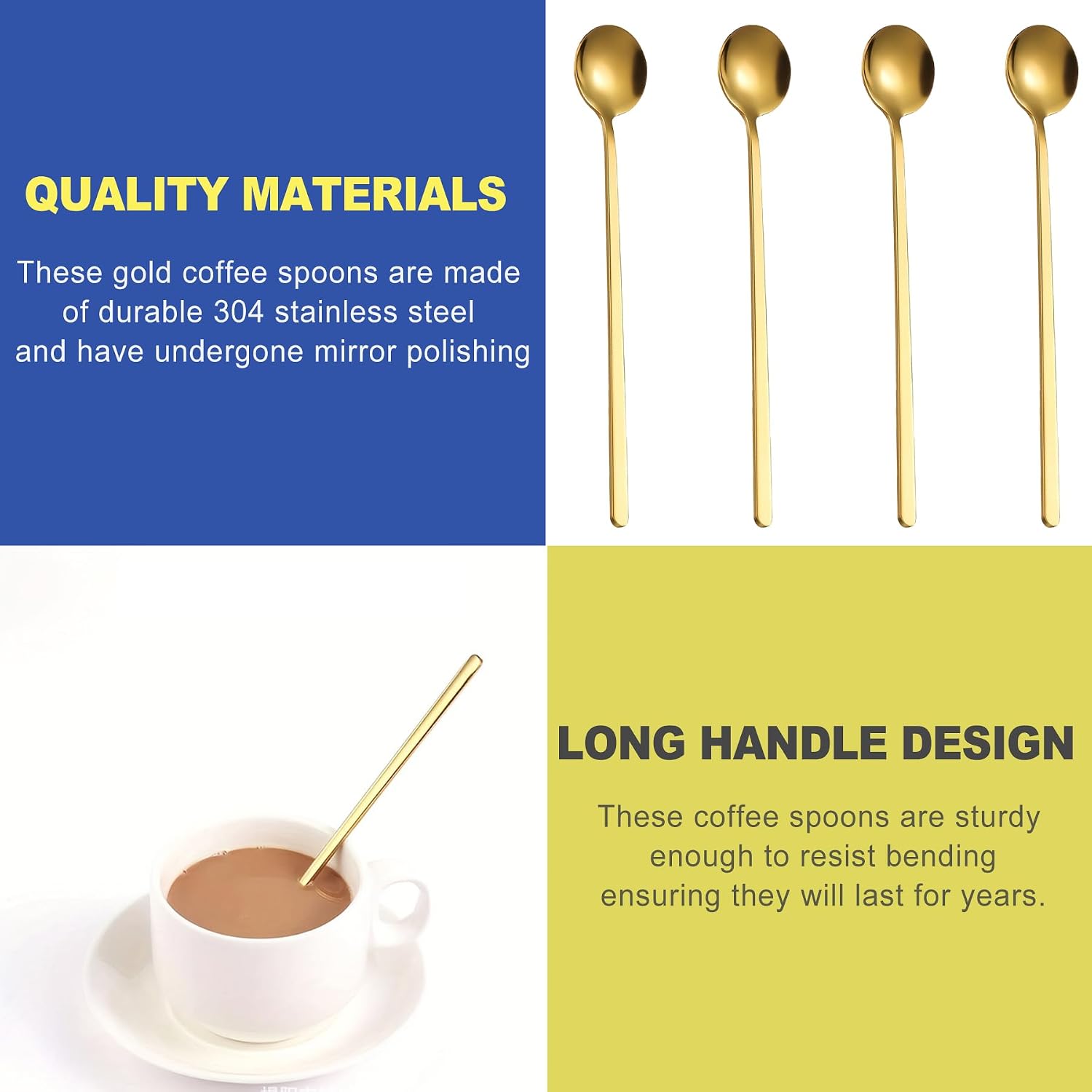 4 PCS Gold Long Handle Coffee Spoons Set, 6.7 Inch Stainless Steel Tea Spoons for Stirring Espresso Iced Hot Tea, Mini Dessert Spoons for Coffee Bar Accessories image 3