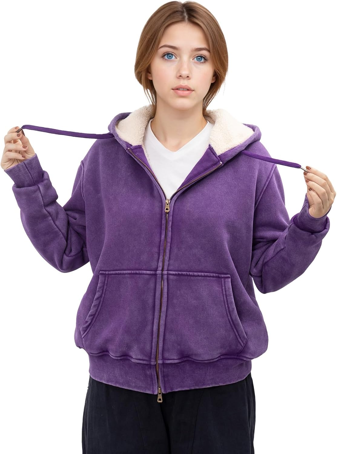 Women's Acid Wash Fleece Sherpa Lined Hoodie Jacket Winter Warm Zip Up Hoodies Heavyweight Vintage Sweatshirt Coat - Image 6