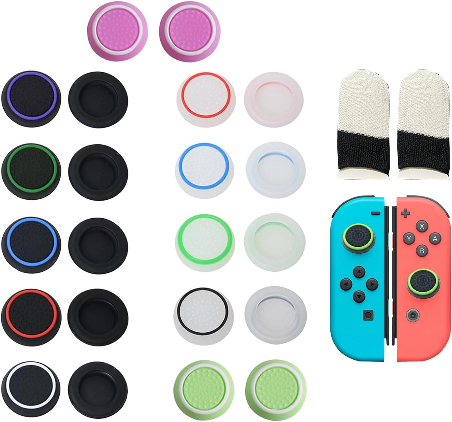 Thumbstick Caps Grip, 22 Pieces Joystick Caps Thumb Grips, Controller Cap Set, Sticks Joystick Protection Attachments, Grip Joystick Cap Analogue, Caps Made of Silicone, with 2 Gaming Finger Sleeves,