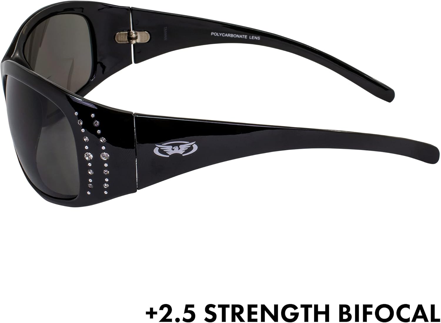 Global Vision Marilyn 2 Bifocal Sunglasses Bling Rhinestone Decorated Gloss Black Frames 2.5x Magnification Smoke Lenses