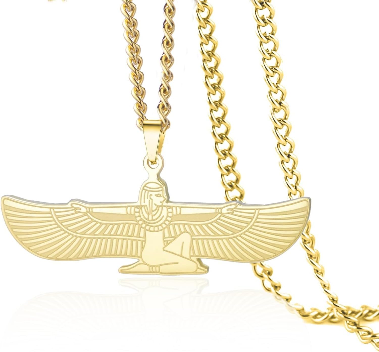 LGBBTI Egyptian Isis Winged Goddess Protection Pendant Necklace Stainless Steel Ancient Egypt Greek Mythology Jewelry for Women Men Amulet Gifts, Gold 3
