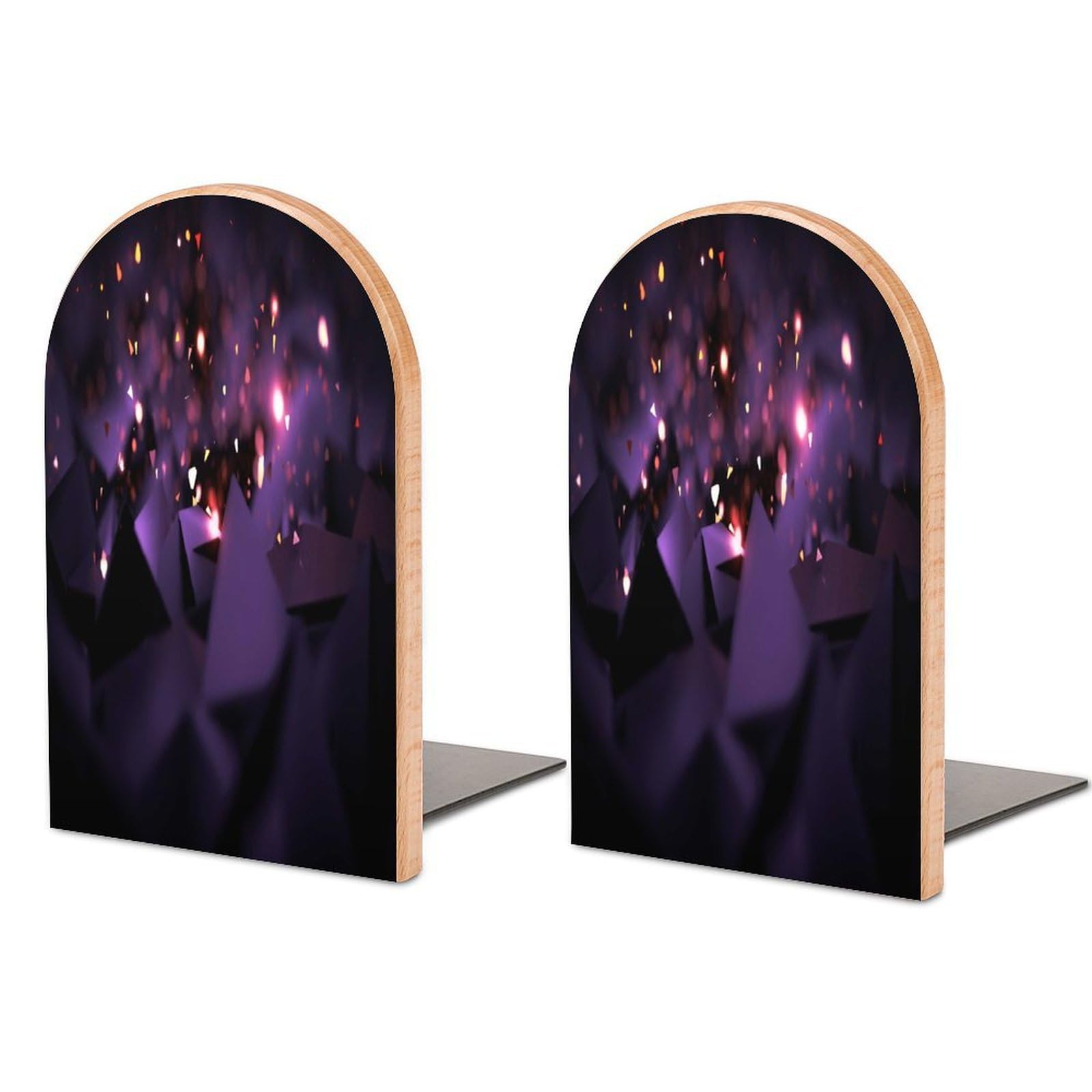 Violet Black Background with Glitter Beech Wood Bookends Heavy Duty Book Organizers Desktop File Holder for Office Home Bookshelf