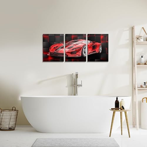 Miniatura 5 de Feelyou Cuadro rojo de carreras para pared, 12 x 16 pulgadas, 3 piezas de autos deportivos de velocidad, lienzo decorativo de pared geométrico de