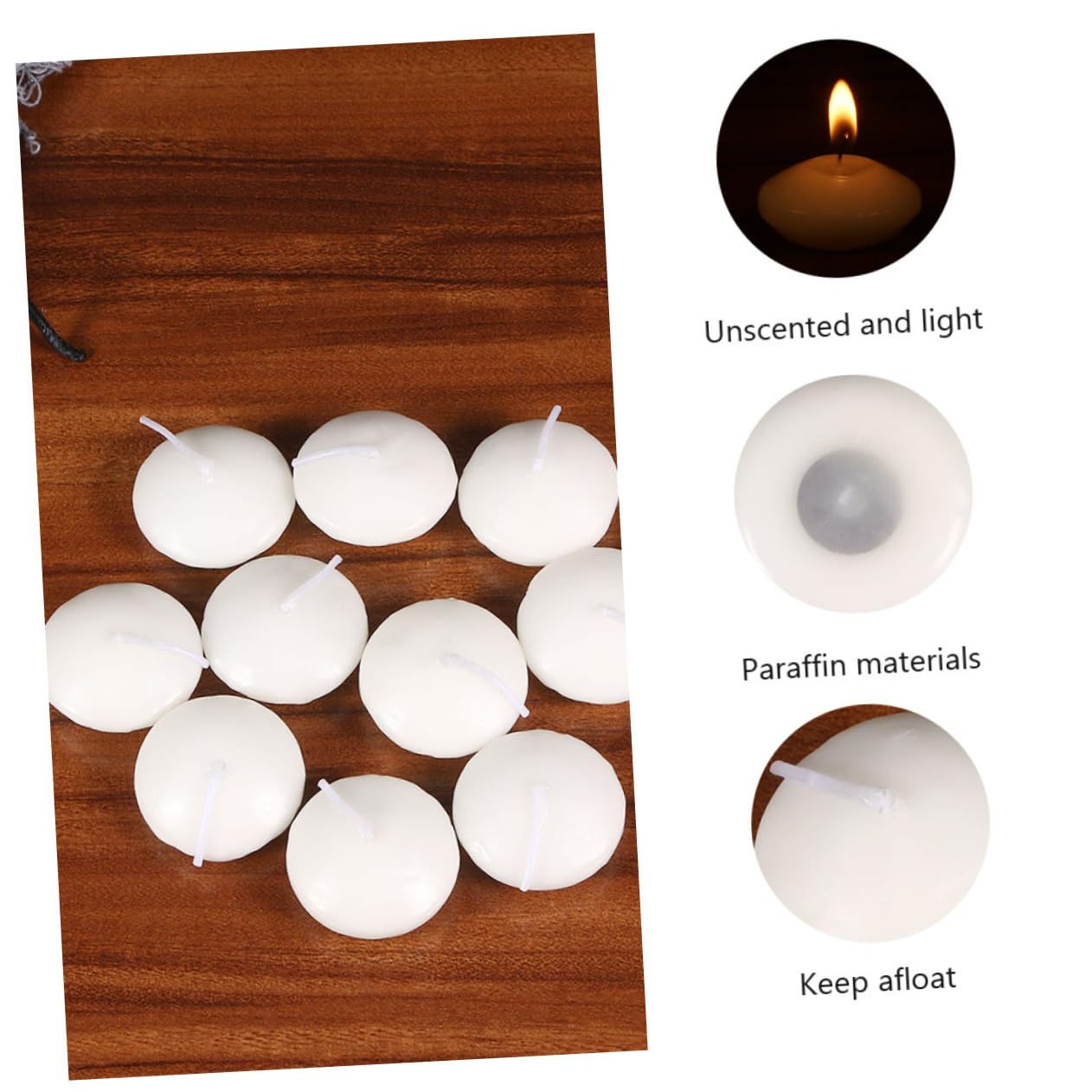 RORPOIR 100pcs Elegant Floating Candles Paraffin Wax Discs for Weddings Parties and Home Decor Unscented Smokeless Burning for Centerpieces and Pool Ambience