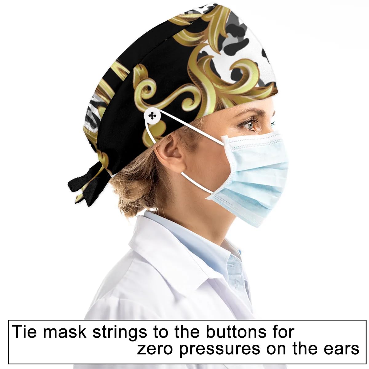 Mularoka Floral Leopard Working Caps with Button Sweatband Comfortable Adjustable Bouffant Hats Work Hat for Women Men