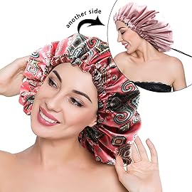 ELIHAIR Silky Night Sleeping Cap Satin Bonnet for Curly Hair Adjustable Hair Bonnet Reversible Double Layer X-Large Retro Pink