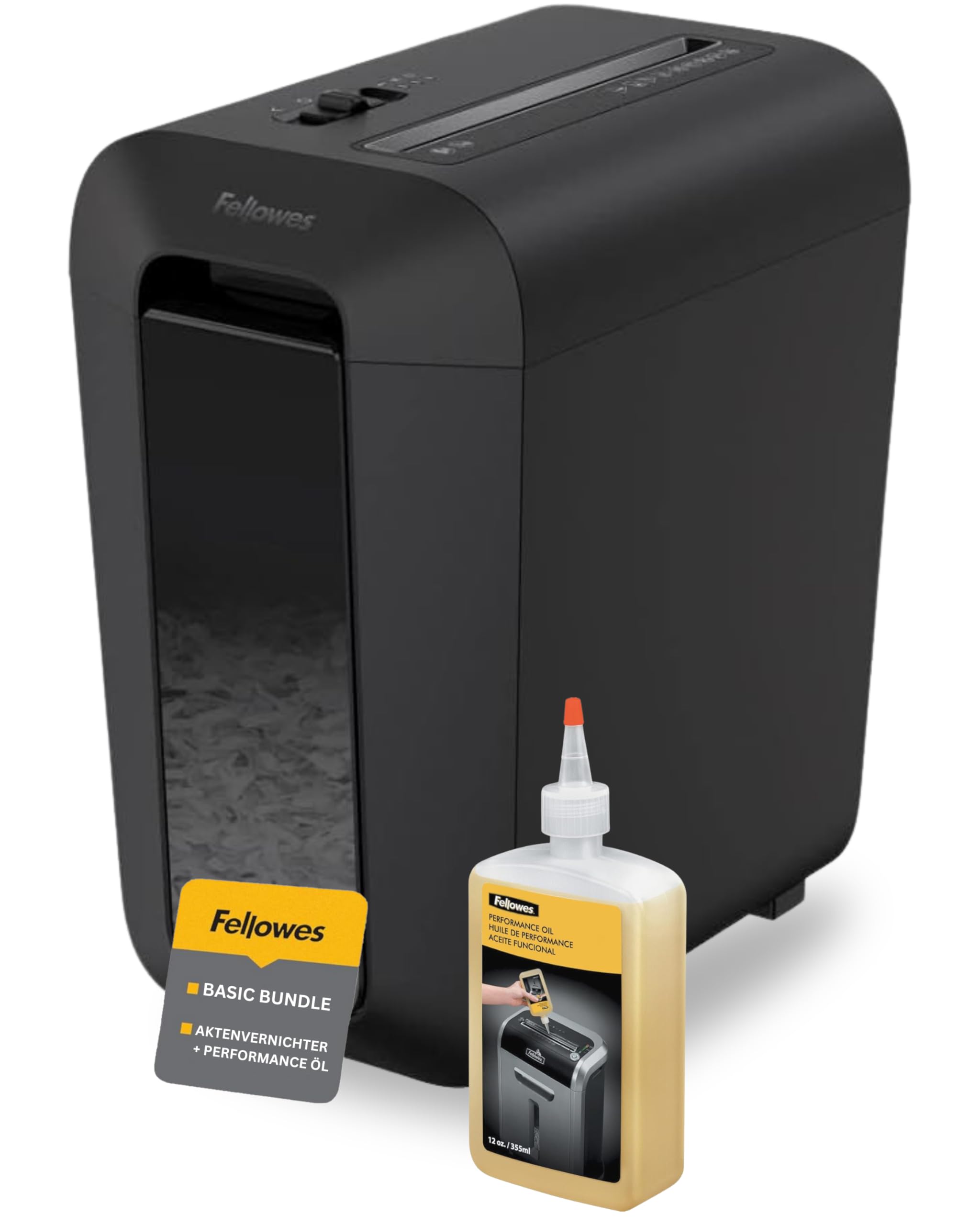 Fellowes Aktenvernichter LX65 Premium Bundle mit Öl, Papierschredder, 12-Blatt-Partikelschnitt, Aktenvernichter P4, Schredder für Büro und Homeoffice, 19L Papierkorb, verarbeitet Kreditkarten, Schwarz