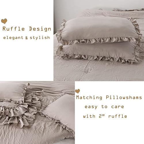 Miniatura 4 de Masaca - Juego de edredón de tamaño matrimonial, con volantes, de estilo rústico, desgastado, bohemio y elegante, estético, ligero, 3 piezas, gris