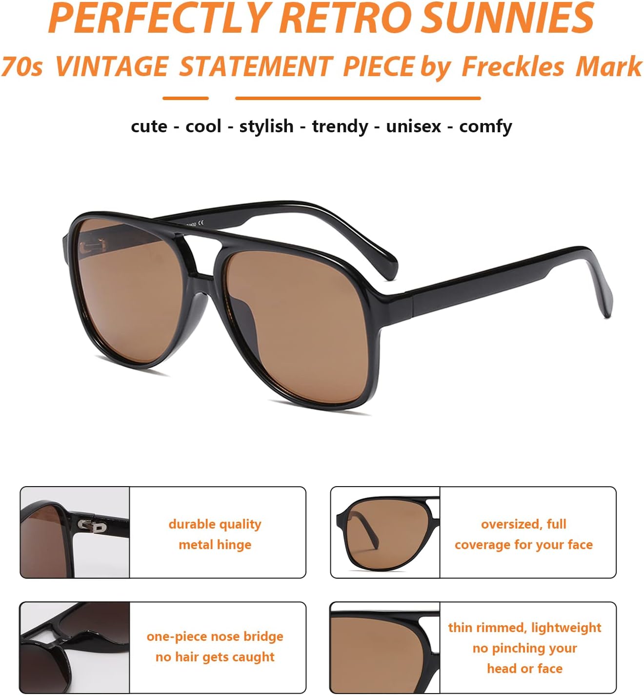 Freckles Mark Vintage Retro 70s Sunglasses for Women Men Classic Large Square Aviator Trendy Glasses - Image 5