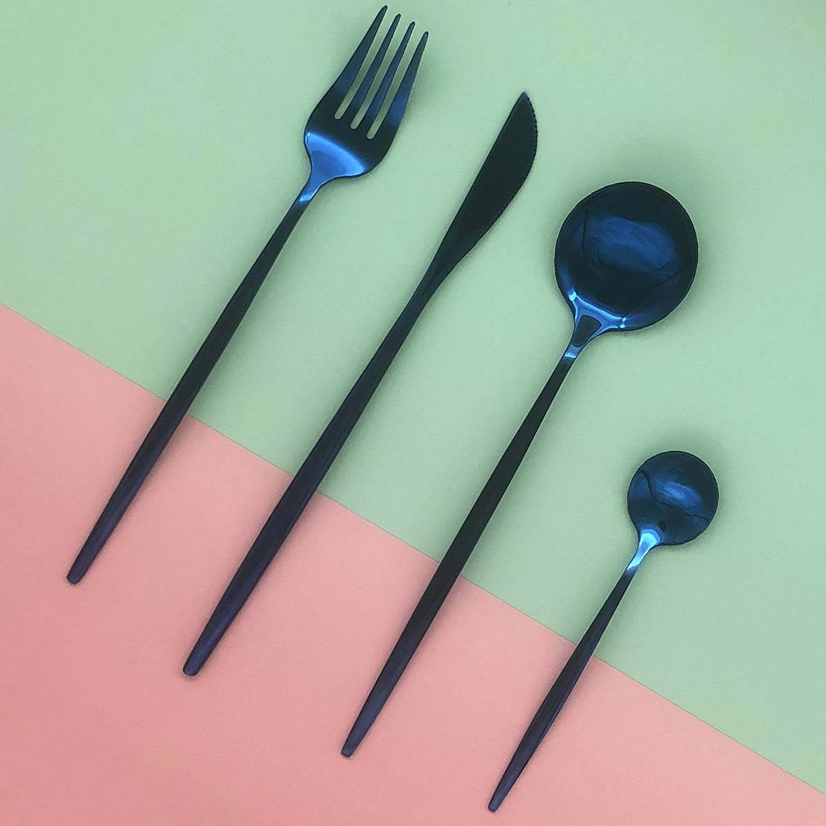 Blaues Besteck-Set, 24-teilig, Edelstahl, hochglanzpoliert, Besteck-Set, Messer, Gabel und Löffel, für Zuhause und Restaurant, spülmaschinenfest