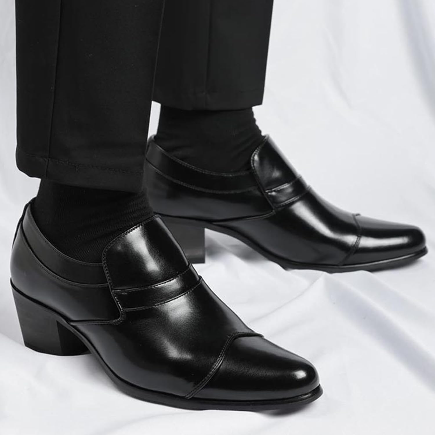 Men's Leather Chunky Heel Slip On Dress Loafers Fashion Classic Pointed Toe Low Top Block High Heel Heightening Oxford Shoes Casual Business Wedding Prom Work Formal Shoes - Image 7