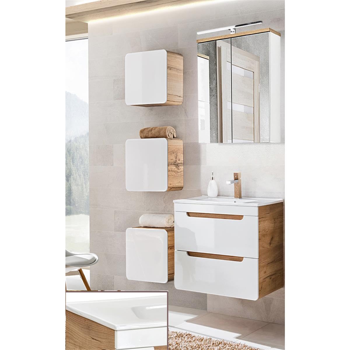 Lomadox Badezimmermöbel Set Hochglanz weiß mit Wotan Eiche Nb., 61 cm Waschtischunterschrank mit Keramik-Waschtisch, LED-Spiegelschrank & 3 Hängeschränke