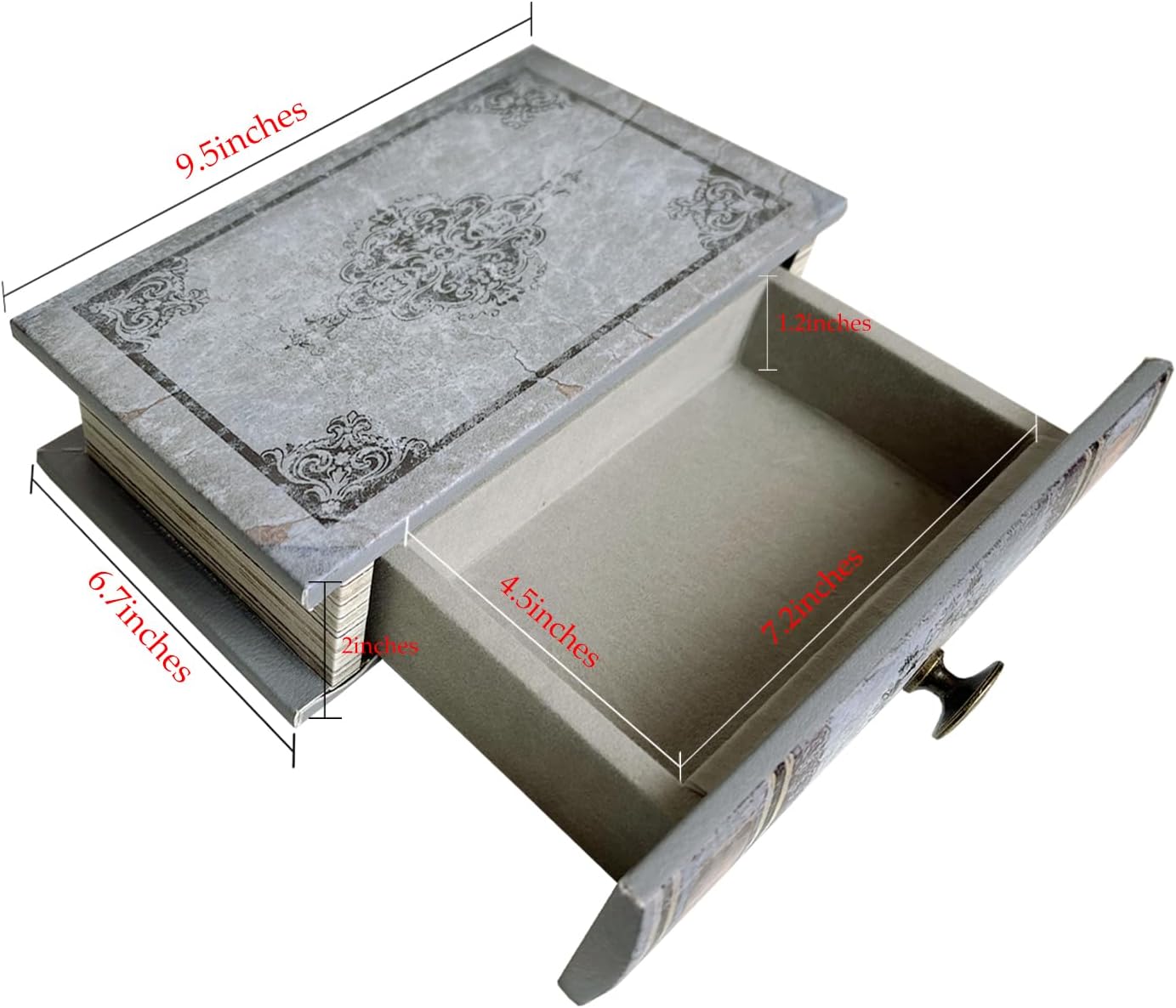 Vintage Book Storage Box with Drawer, Distressed Gray Faux Leather Cover with Ornate Baroque Design, Hidden Organizer for Jewelry or Office Bookshelf Decor 9.5″ x 6.7″ x 2″