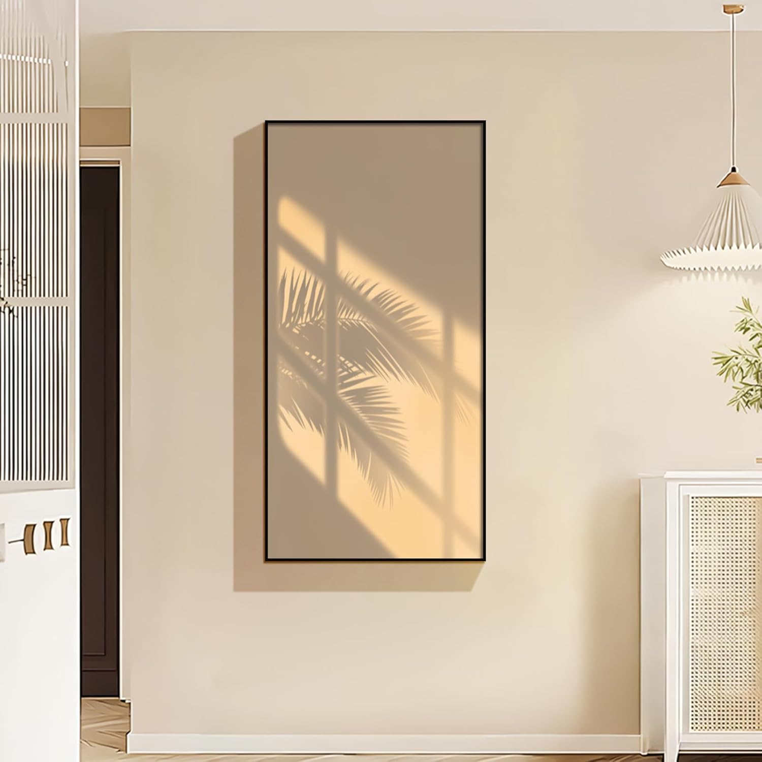 YOOSART Sunny Palm Leaf Shadow Wall Art large metal wall art- Warm Beige Window Light Canvas Print with Black Frame for Living Room, Bedroom, Coastal Decor (M4531, 15.75'x31.5)