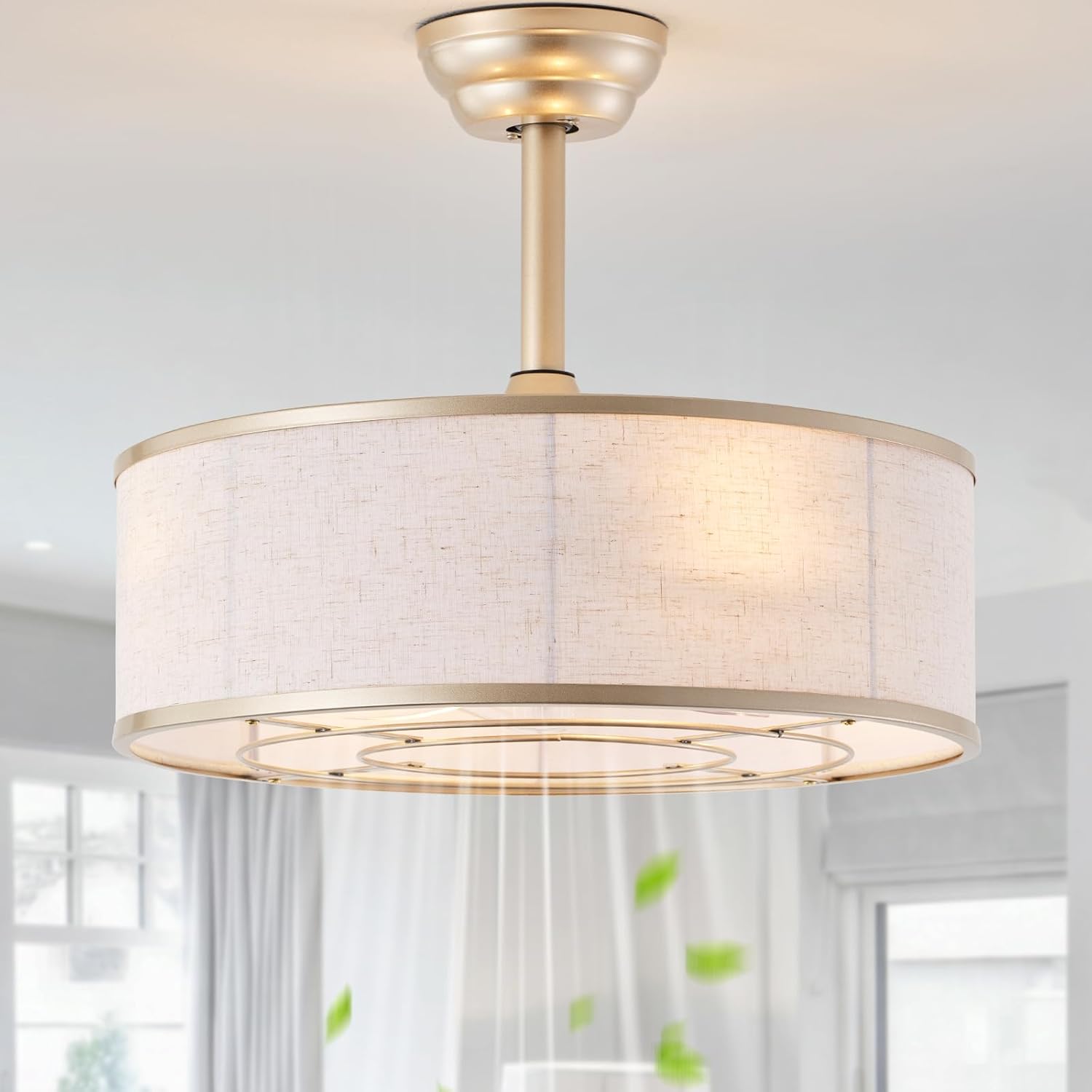 20" Gold Caged Boho Fandelier Ceiling Fan with Light & Remote Control - Bladeless Chandelier Fan, 6 Speed Quiet Reversible Motor for Bedroom, Nursery, Living Room