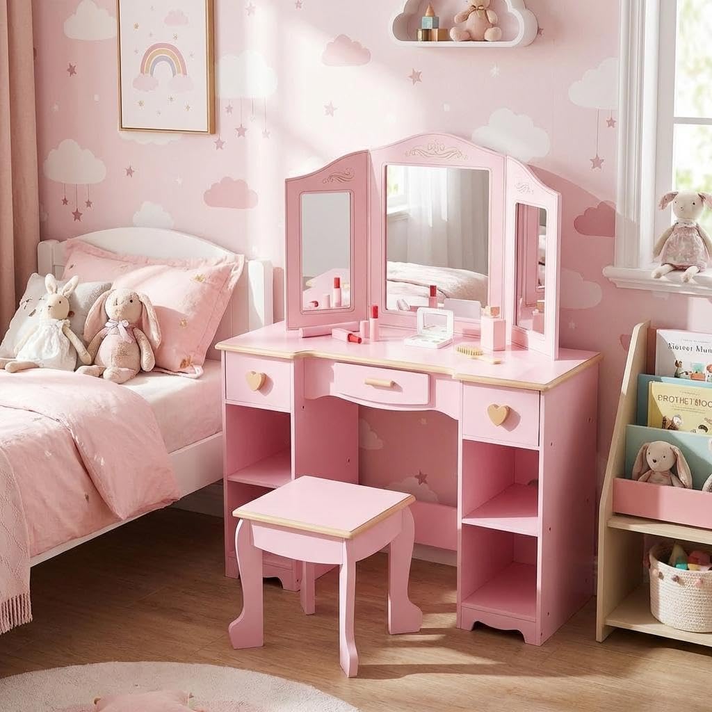 GAOMON Kids Vanity Set, Girls Makeup Vanity Table with Stool Mirror, Little Girl Makeup Desk, Toddler Dressing Table with Storage Drawers Open Shelves, Pink