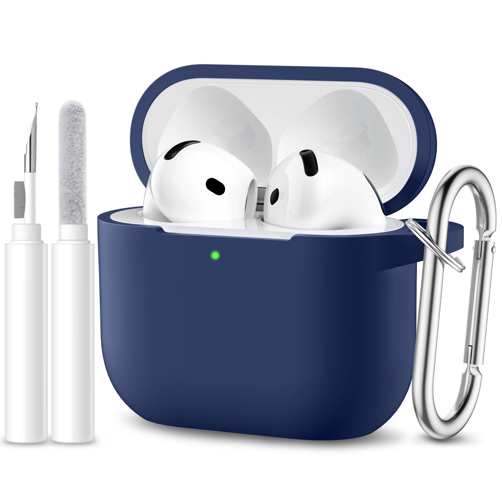 Maledan Hülle Kompatibel mit AirPods 4 Hülle Case 2024, Weich Silikon Ganzkörper-Schutzhülle für Apple AirPods 4 Generation Hülle mit Reinigungskit & Schlüsselanhänger [LED Sichtbar], Marineblau