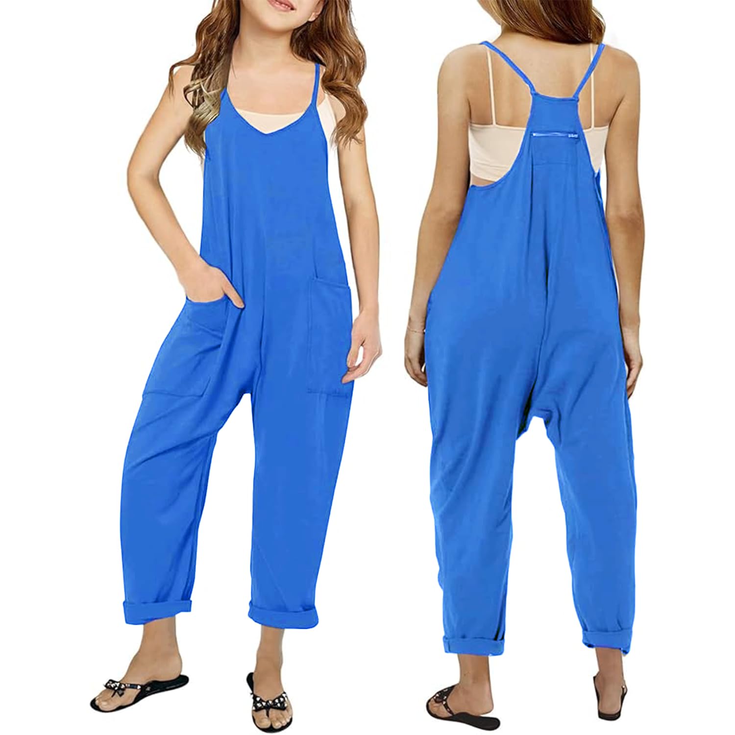 Overol para niñas y niños, estilo casual, sin mangas, con tirantes delgados, pantalones largos con bolsillos