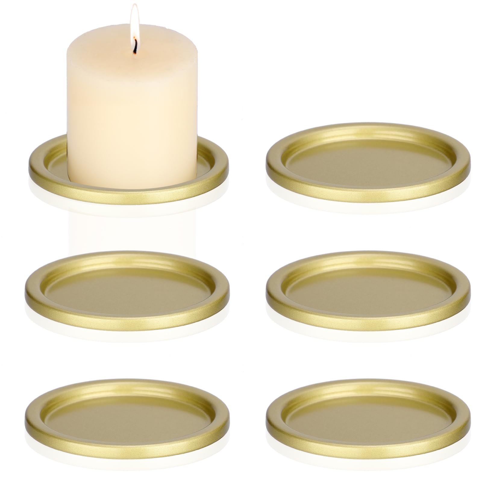 BSTKEY 6 Packs Iron Candle Holder Pillar Candle Plate, Round Gold ﻿