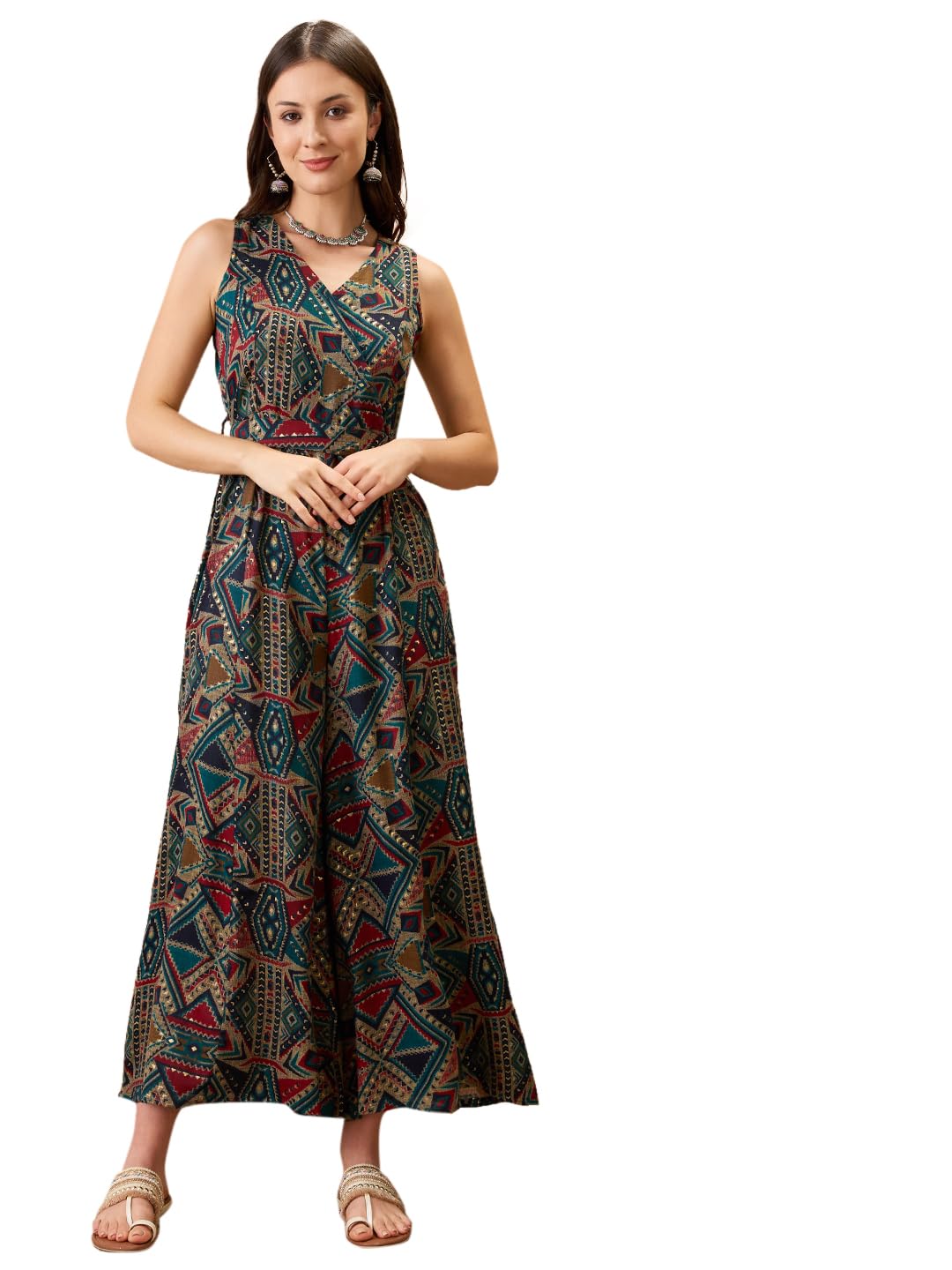 globus Women Ethnic Print Round Neck Lace Detail Flared Wide Leg Fusion Jumpsuit-picture-36