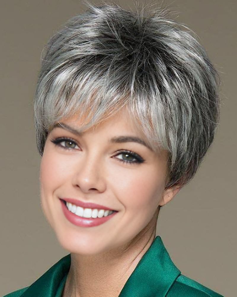Short Grey Wigs for Women Gray White Pixie Cut Wigs with Dark Root Layered Synthetic Short Hair Wigs Natural Looking