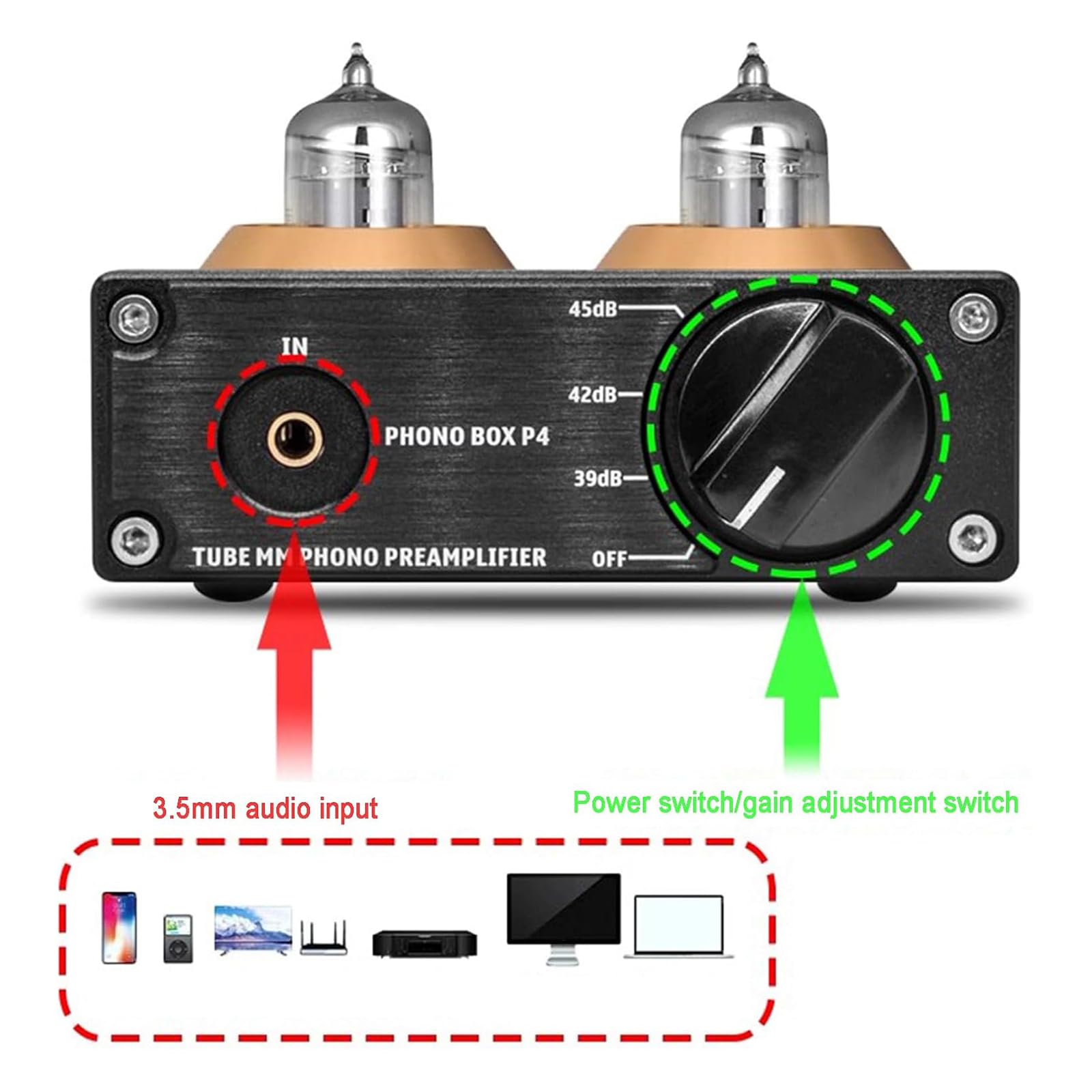 MObyat Mini Preamplificador Hi-Fi, Preamplificador De Fono con Tubo De Vacío, Tubos Reemplazables/Entrada Auxiliar De 3,5 Mm/Interruptor Entre 3 Modos: 39, 42 O 45 DB, para Tocadiscos