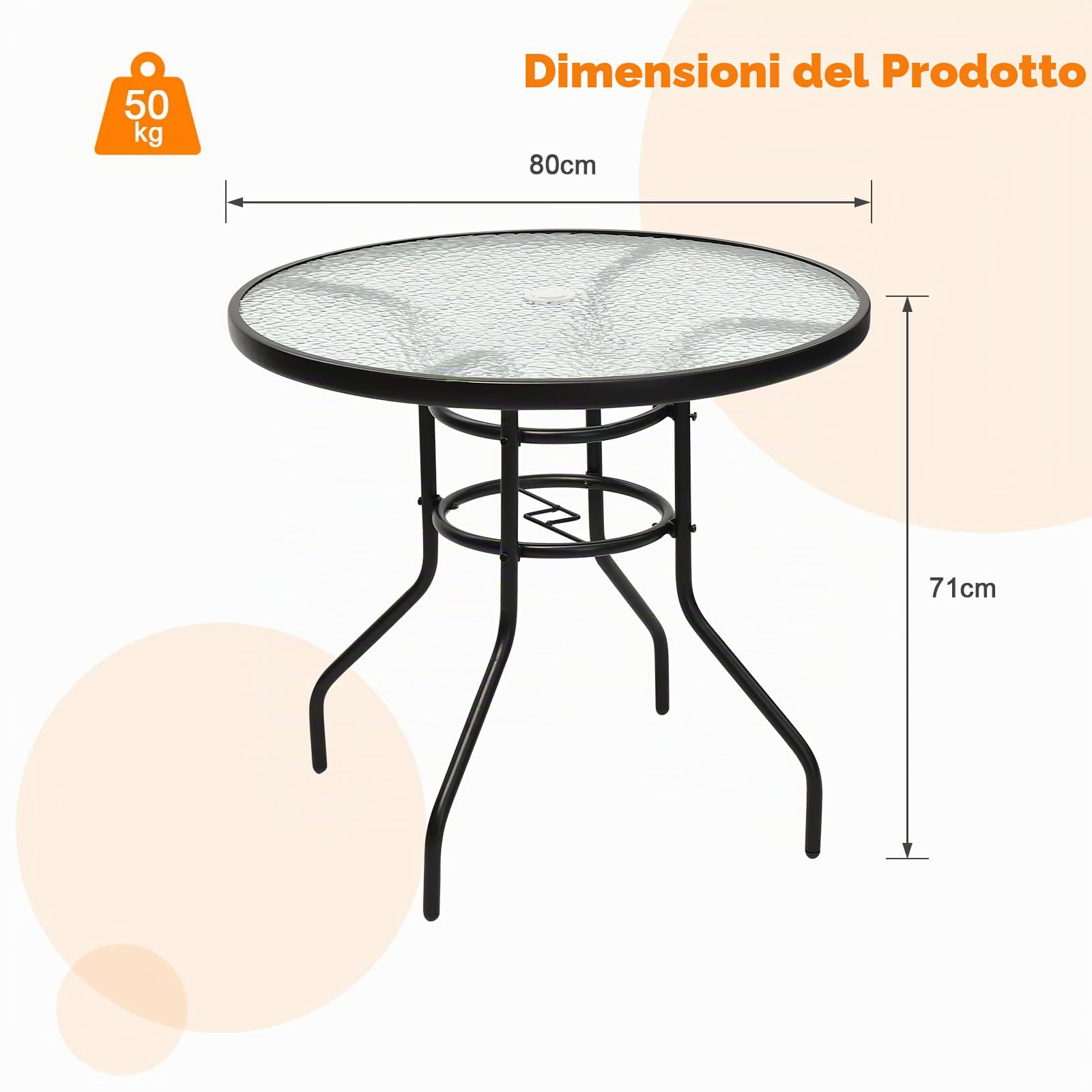 KOMFOTTEU Tavolo da giardino rotondo φ80 cm, tavolo da bistrot in metallo e vetro, tavolo da balcone con foro per portaombrelli, tavolino da caffè in vetro, resistente alle intemperie, per interni ed