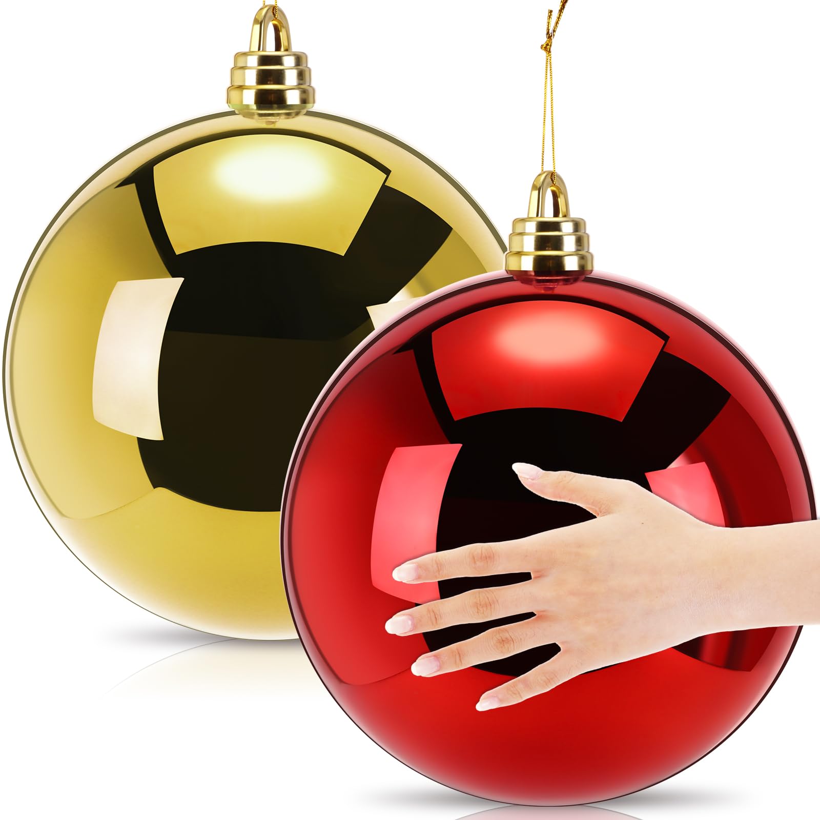 Riesige Weihnachtskugeln, 30,5 cm, extra große Weihnachtsbaumkugeln, rot, grün und gold, Kunststoffkugeln, hängende Ornamente für Weihnachtsbaum, Innen- und Außenbereich, Party-Dekoration (Rotgold), 2