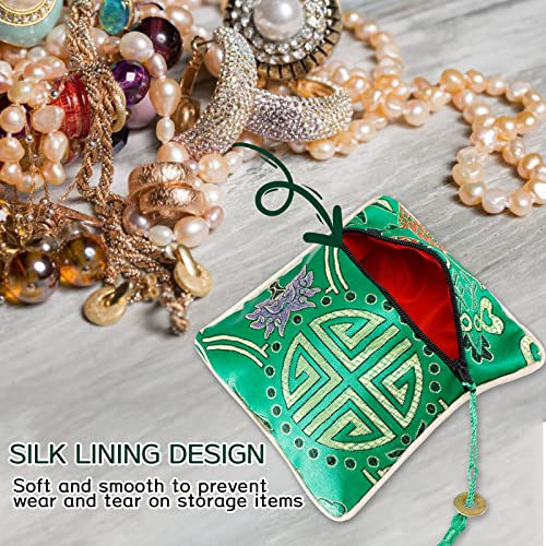 5PCS Jewelry Silk Purse Pouch, Chinese Silk Style Zipper Brocade Embroidered Bag for Women Coin Wallet (Green)4