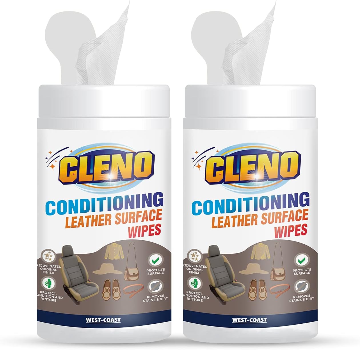 ClenoConditioning Leather Surface Wet Wipes for Sofas, Bags, Leather Clothes & Interior, Car Seat, Luggage, Briefcases, Shoes, Handbags, Restores Polish and Gives Shine - 50 Wipes (Pack of 2) (Ready to Use)