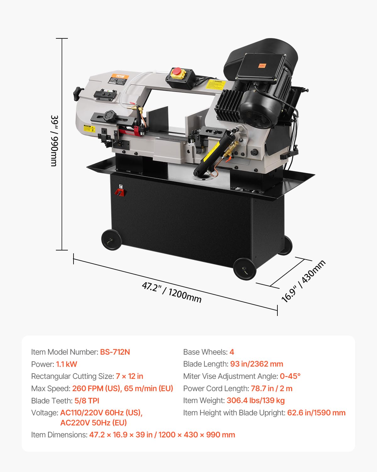 VEVOR Scie à Ruban Métaux Horizontale Verticale, Capacité Coupe 177x305 mm, Moteur 1,1 kW, Angle 0-45°, Vitesse Variable