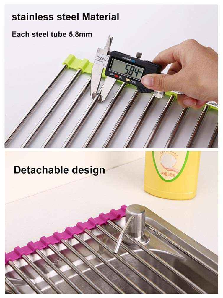 Escurridor de platos, escurridor de cocina enrollable sobre el fregadero, diseño plegable de acero inoxidable para un secado cómodo y ahorro de espacio, 37 x 23 cm para encimera de fregadero