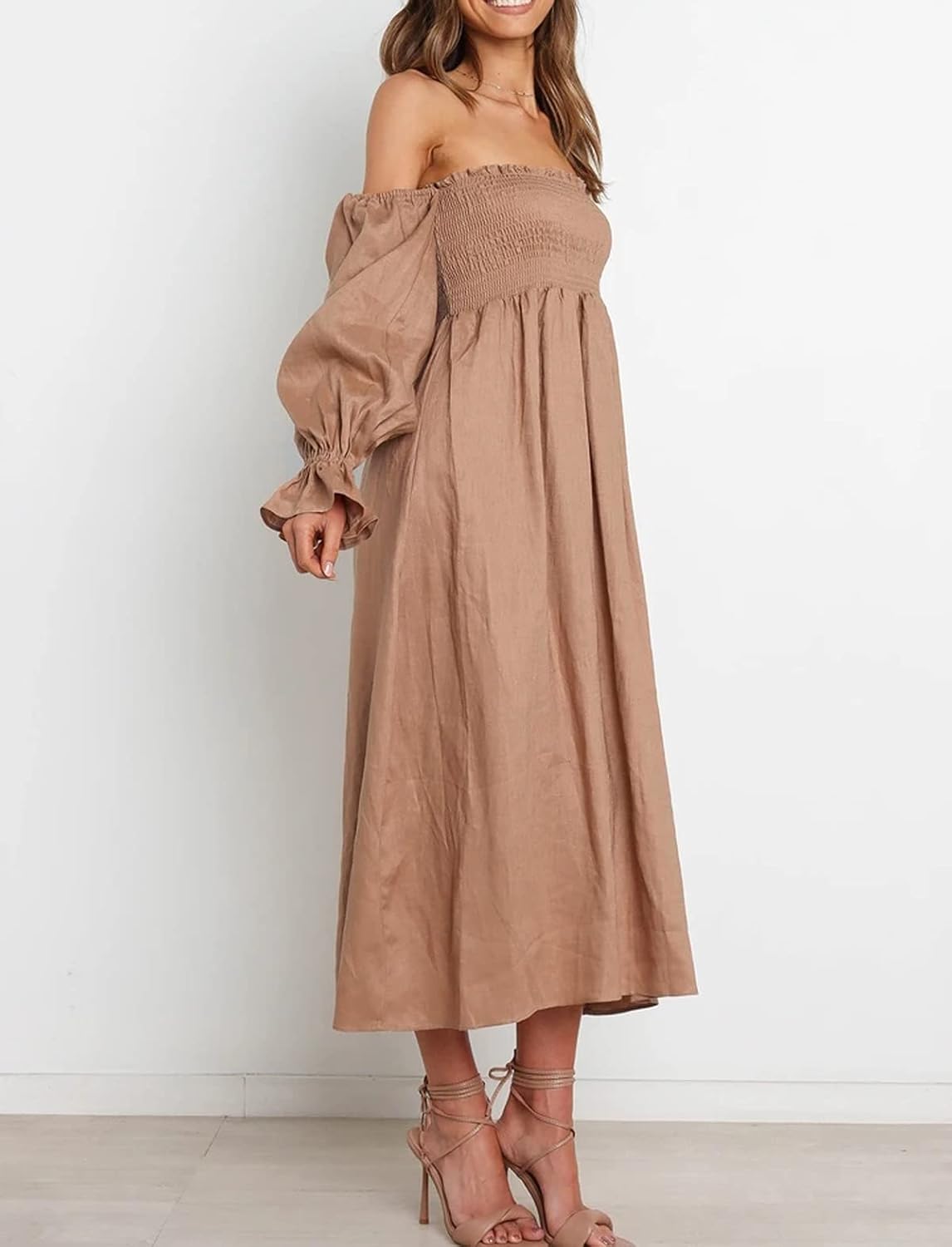 R.Vivimos Summer Dress for Women Long Sleeve Casual Plaid Print Smocked Off Shoulder A-Line Midi Dress - Image 3