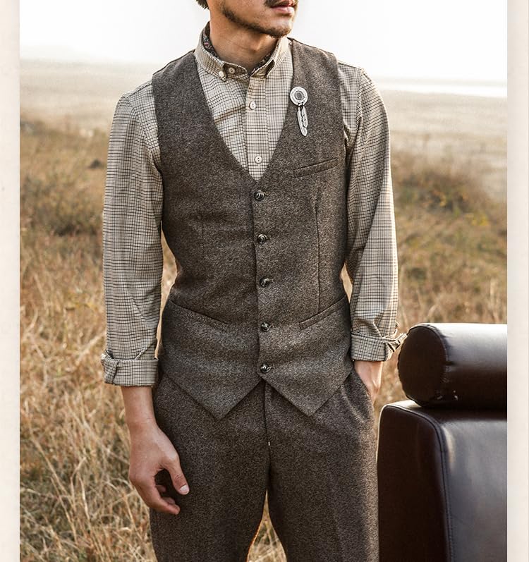Men's V-Neck Suit Vests Slim Fit Casual Business Formal Herringbone Tweed Wool Waistcoat Wedding Groomsmen Suit Vest4