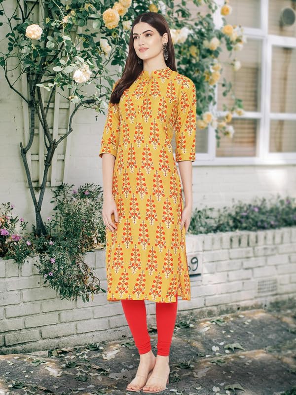 Image of Pinkmint Women Cotton Kurti ll Stright Printed Collared V Neck Kurta ll Stylish Regular Fit Kurti's (Pack of 01)