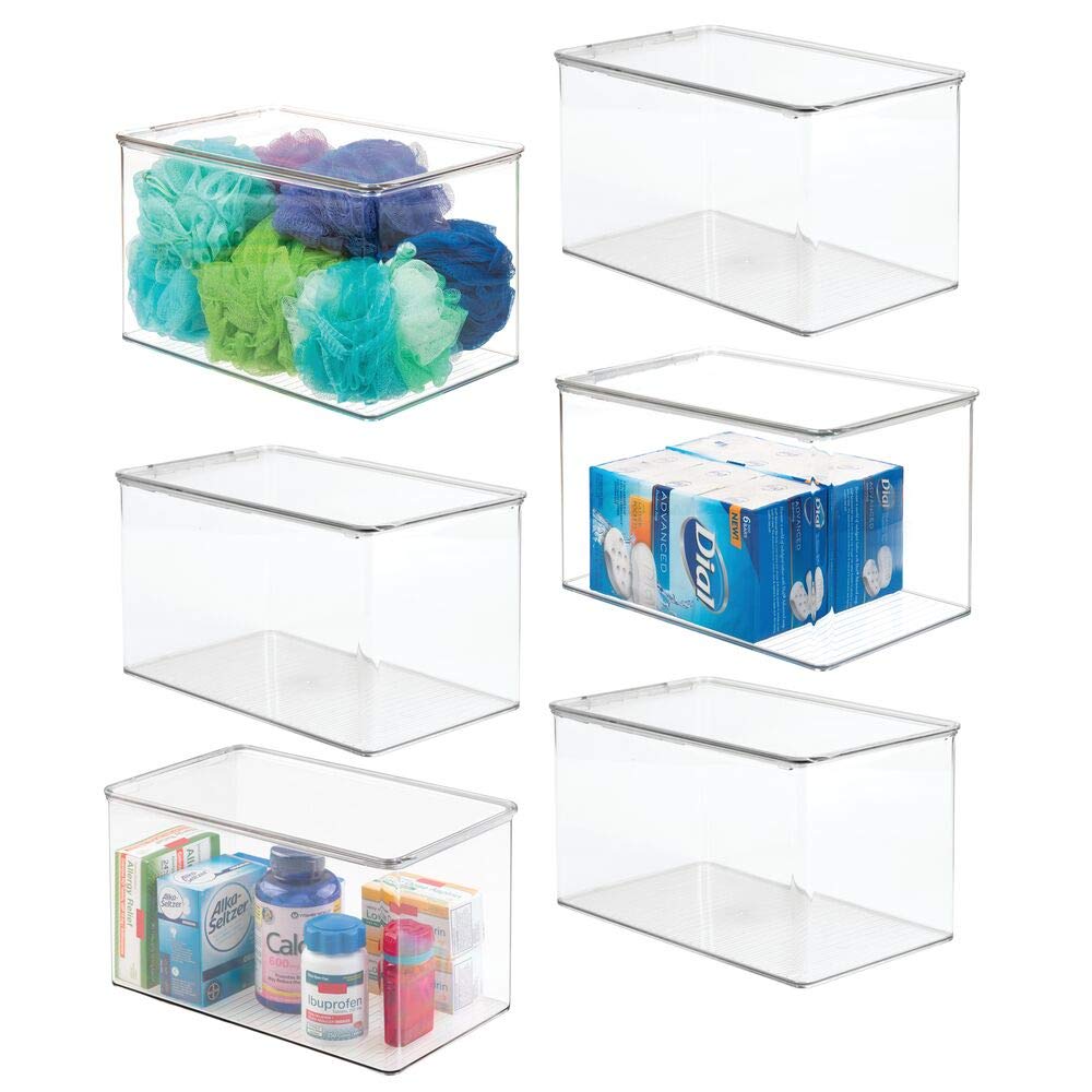mDesign Stackable Plastic Bathroom Storage Box with Hinge Lid - Container for Organizing Soap, Body Wash, Shampoo, Conditioner, Hand Towels, Hair Accessories, Lumiere Collection, 6 Pack - Clear